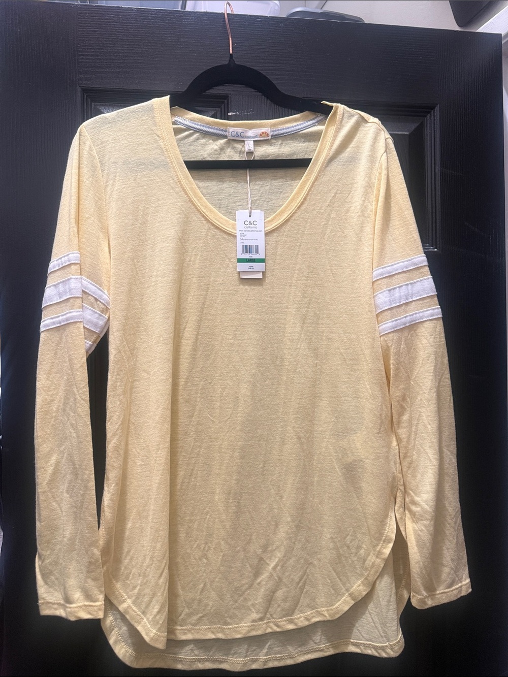 C&C California Pale Yellow Long Sleeve Tee with White Sleeve Stripes
